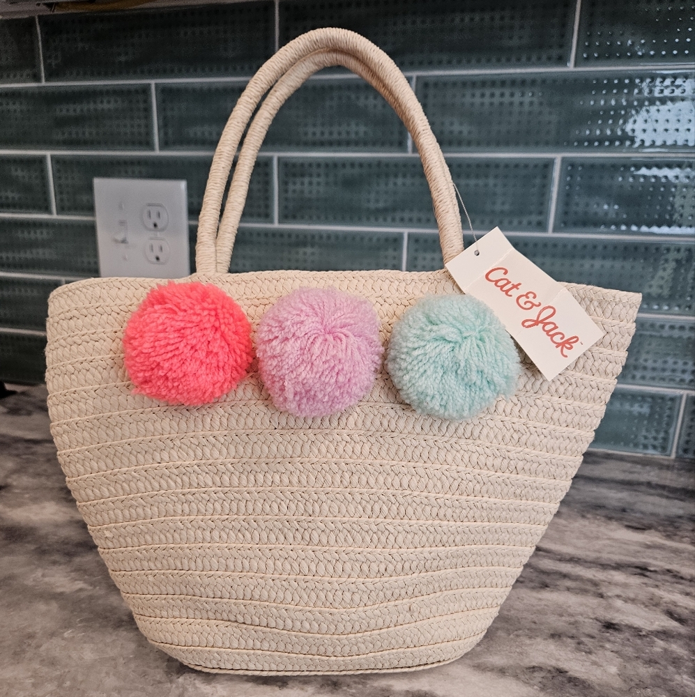 Cat & Jack Cream Tote Bag with Colorful Pom Poms